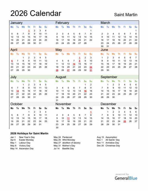 Calendar 2026 with Saint Martin Holidays