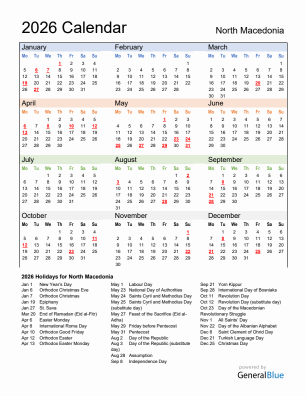 Calendar 2026 with North Macedonia Holidays