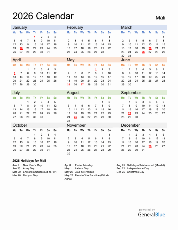 Calendar 2026 with Mali Holidays