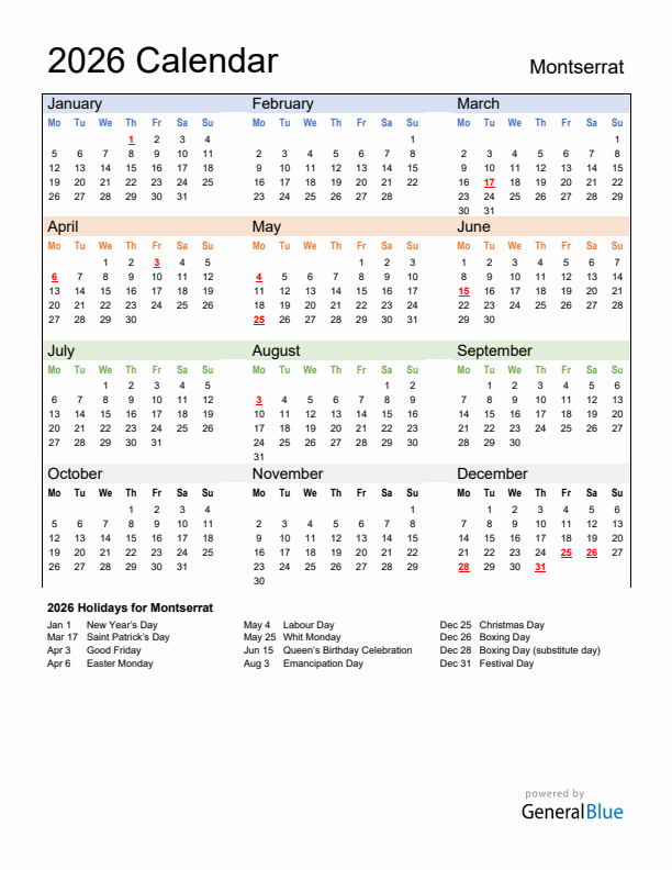 Calendar 2026 with Montserrat Holidays