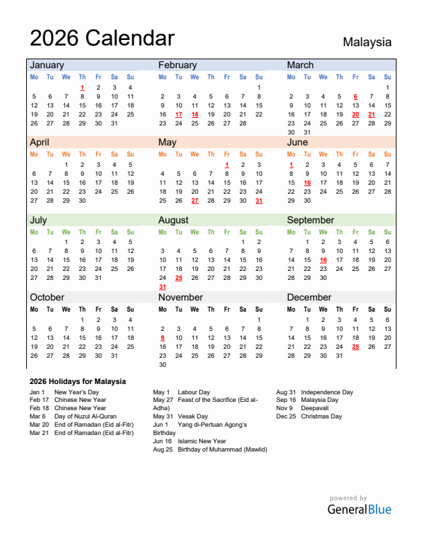Calendar 2026 with Malaysia Holidays