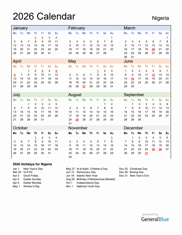 Calendar 2026 with Nigeria Holidays