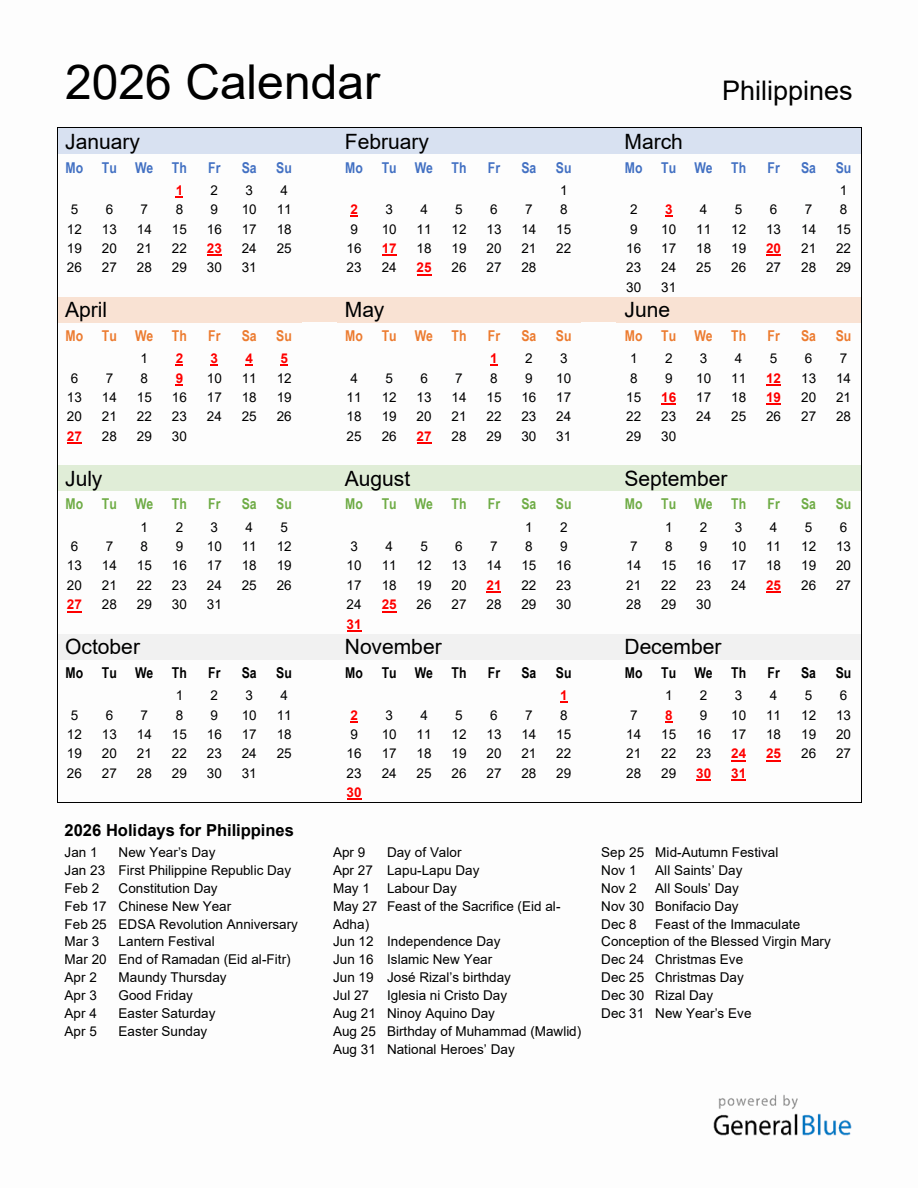 Annual Calendar 2026 with Philippines Holidays