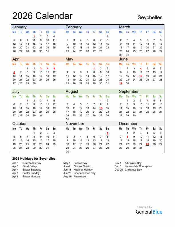 Calendar 2026 with Seychelles Holidays