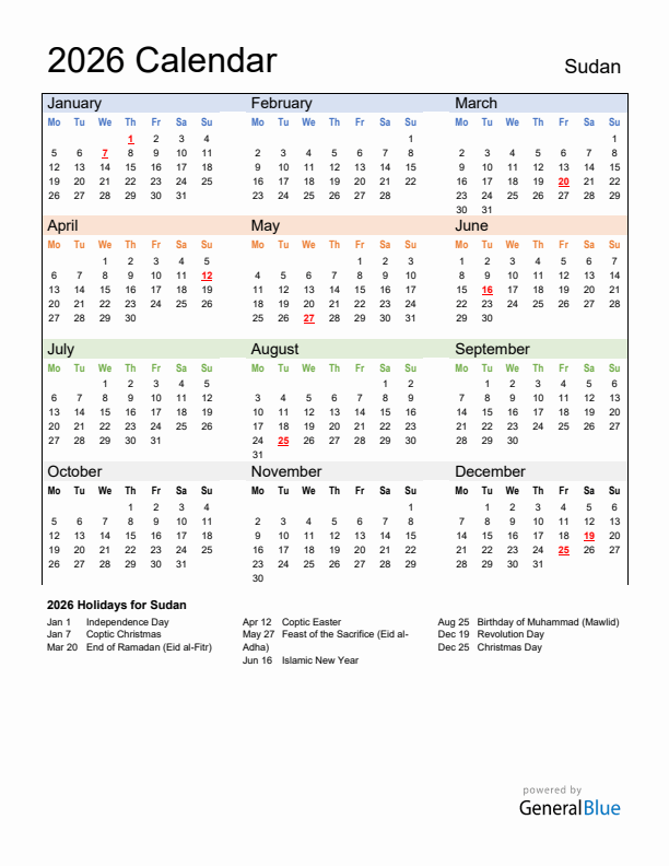 Calendar 2026 with Sudan Holidays