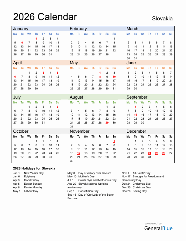 Calendar 2026 with Slovakia Holidays