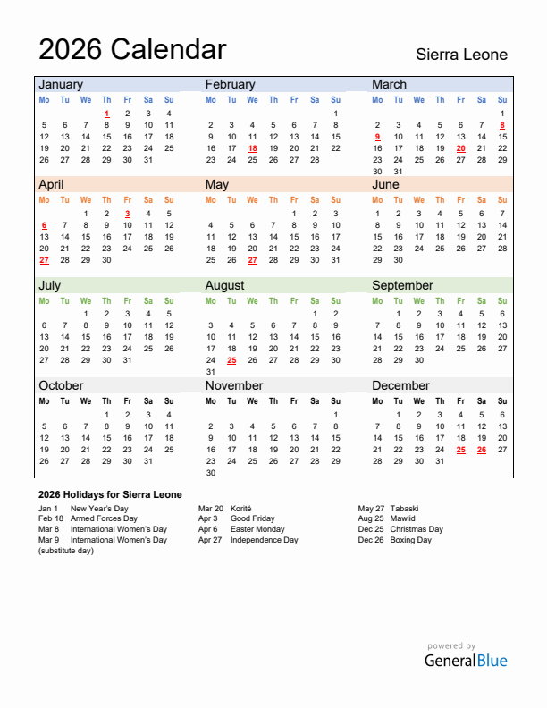 Calendar 2026 with Sierra Leone Holidays