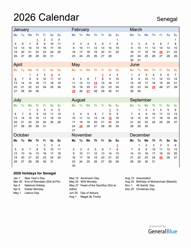 Calendar 2026 with Senegal Holidays