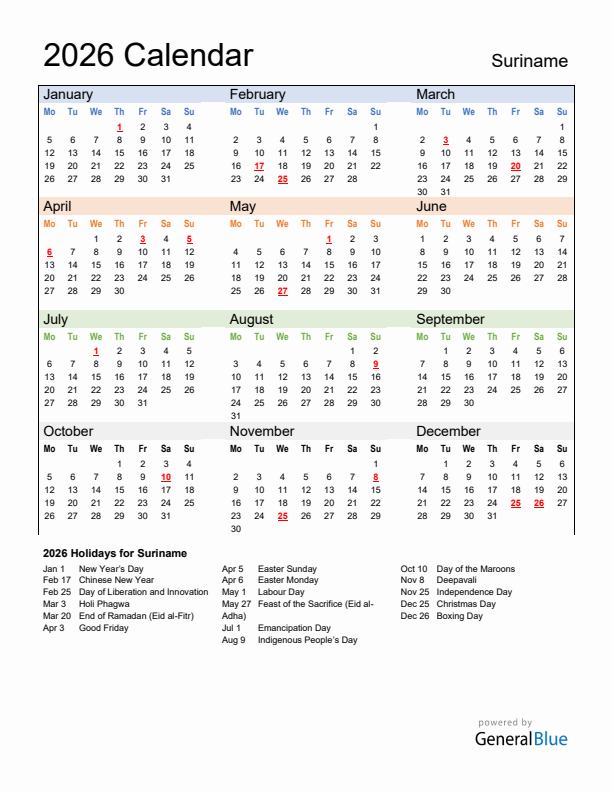 Calendar 2026 with Suriname Holidays