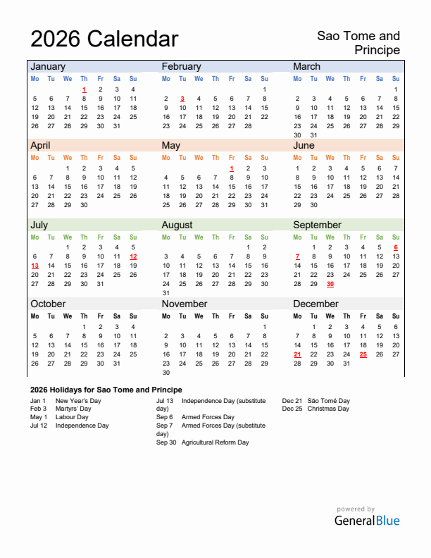 Calendar 2026 with Sao Tome and Principe Holidays