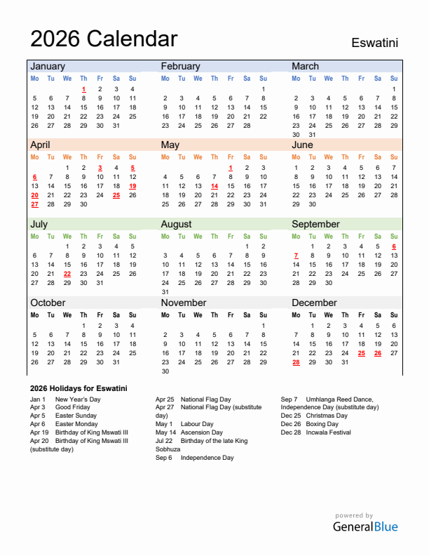 Calendar 2026 with Eswatini Holidays