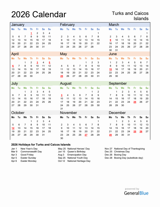 Calendar 2026 with Turks and Caicos Islands Holidays