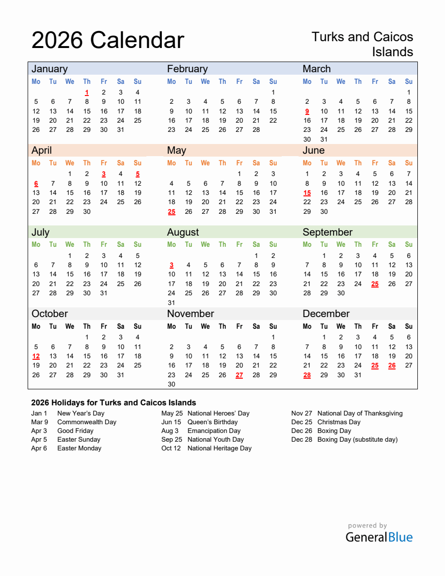 Annual Calendar 2026 with Turks and Caicos Islands Holidays