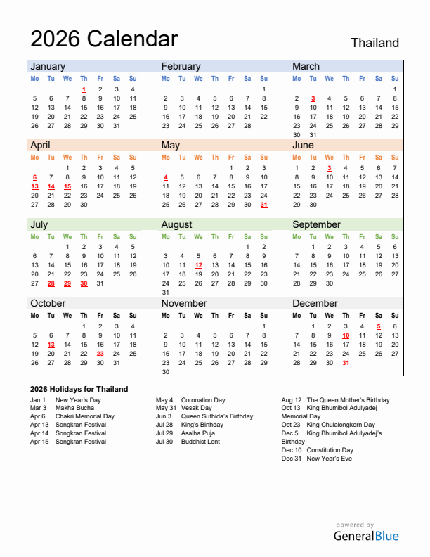 Calendar 2026 with Thailand Holidays