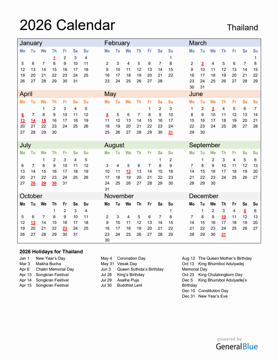 Annual Calendar 2026 with Thailand Holidays - Monday Start