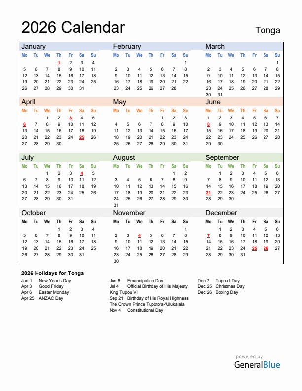 Calendar 2026 with Tonga Holidays