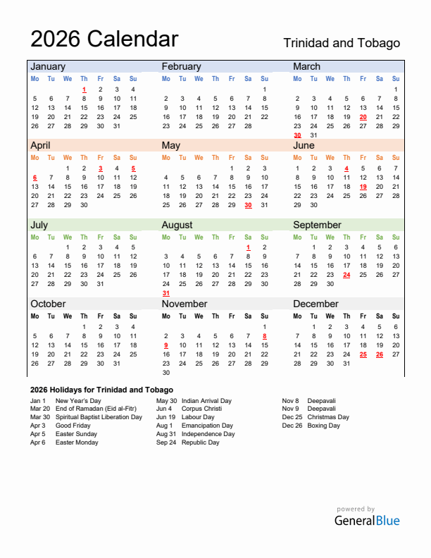 Calendar 2026 with Trinidad and Tobago Holidays