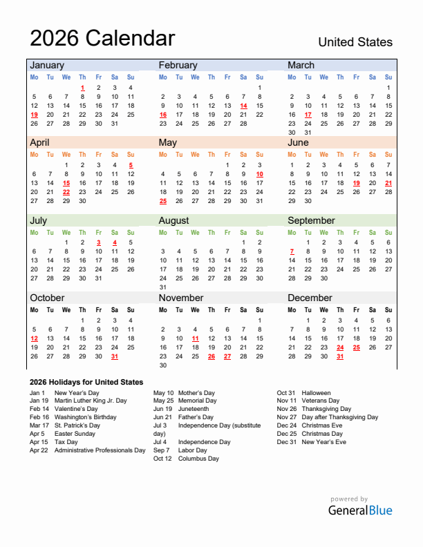 2026 United States Calendar With Holidays Monday Start 