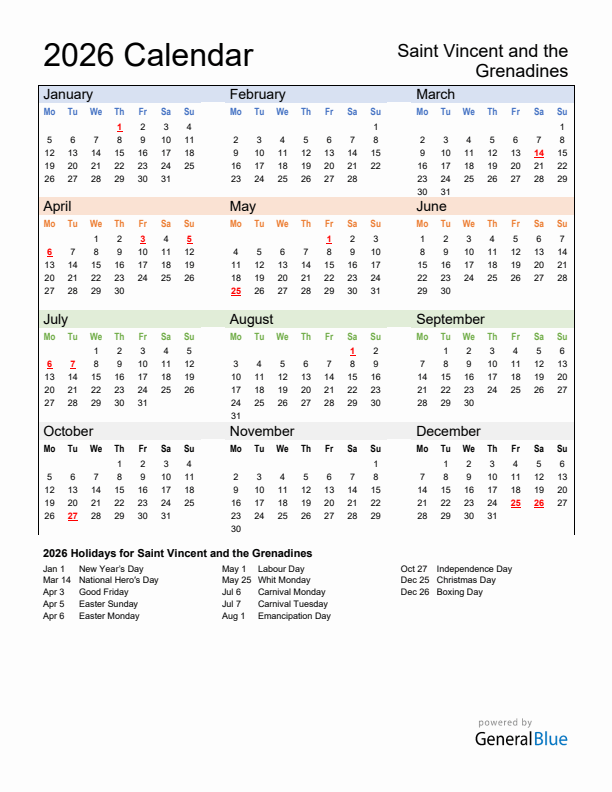Calendar 2026 with Saint Vincent and the Grenadines Holidays