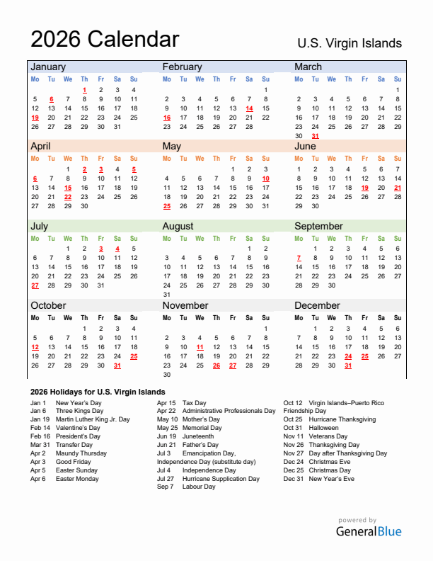 Calendar 2026 with U.S. Virgin Islands Holidays