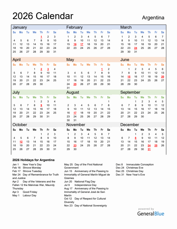 Calendar 2026 with Argentina Holidays