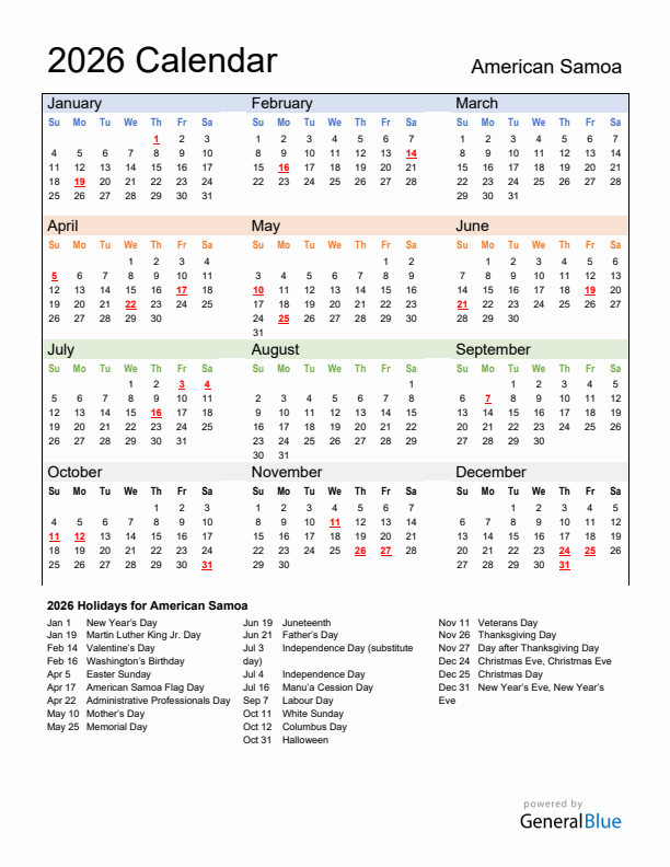 Calendar 2026 with American Samoa Holidays