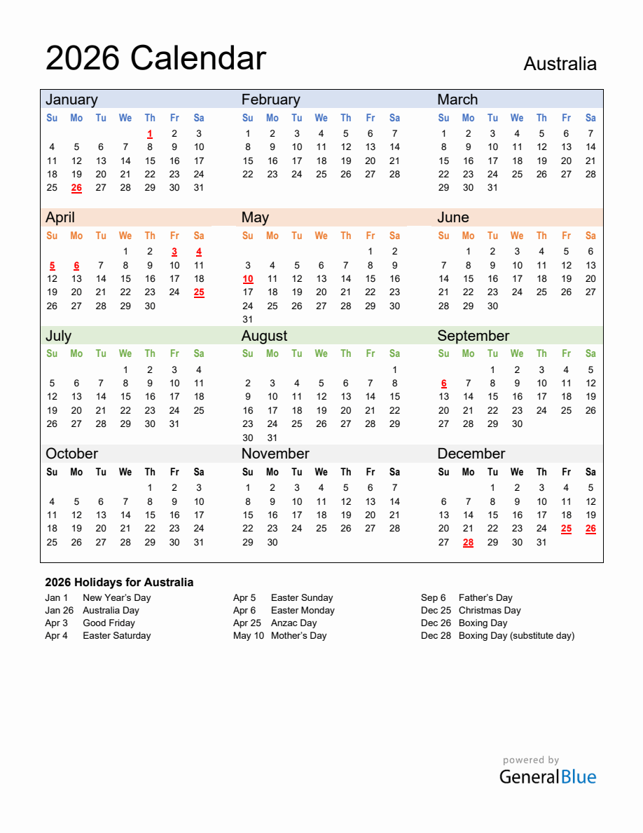 Annual Calendar 2026 with Australia Holidays