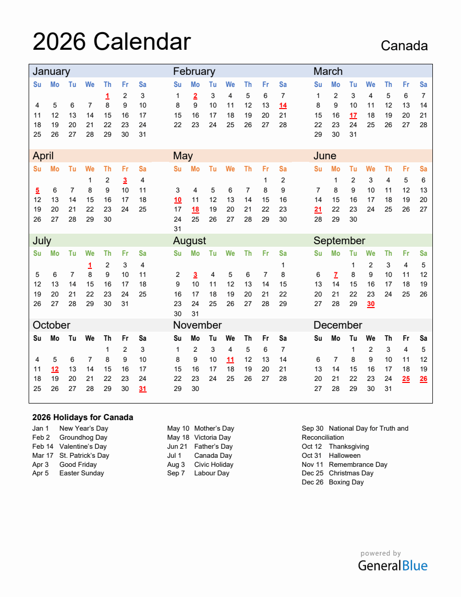 Annual calendar 2026 with canada holidays