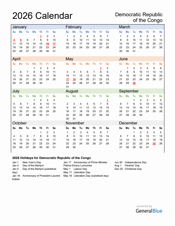 Calendar 2026 with Democratic Republic of the Congo Holidays