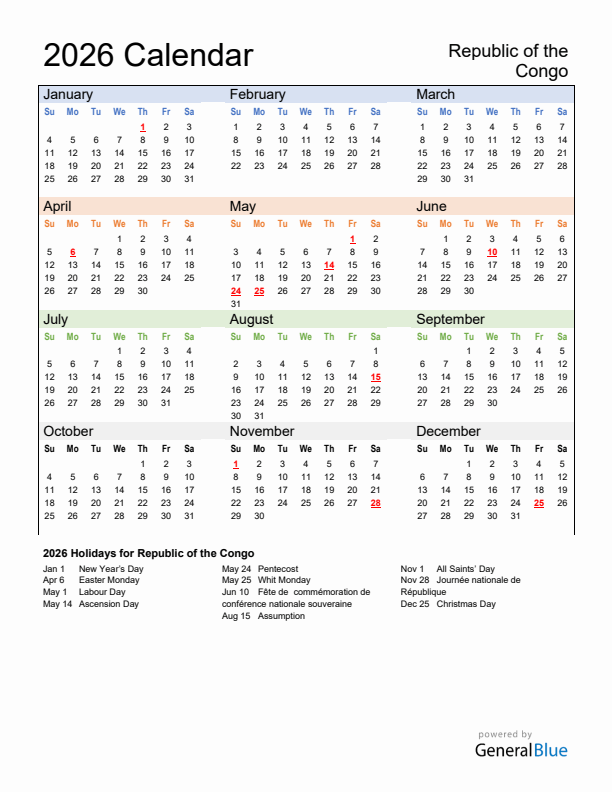 Calendar 2026 with Republic of the Congo Holidays