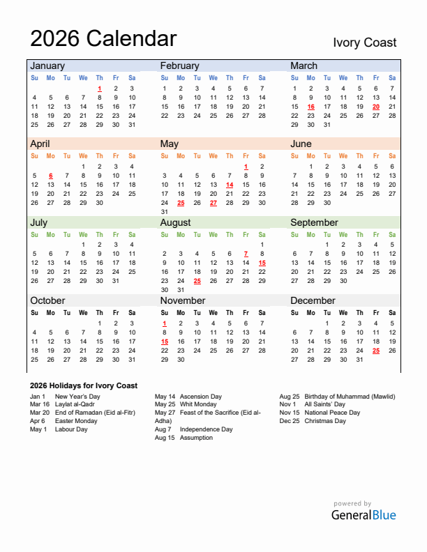 Calendar 2026 with Ivory Coast Holidays