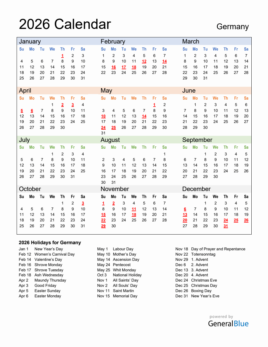  Annual Calendar 2026 with Germany Holidays Bildidee 