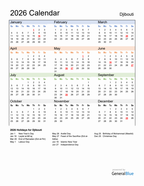 Calendar 2026 with Djibouti Holidays