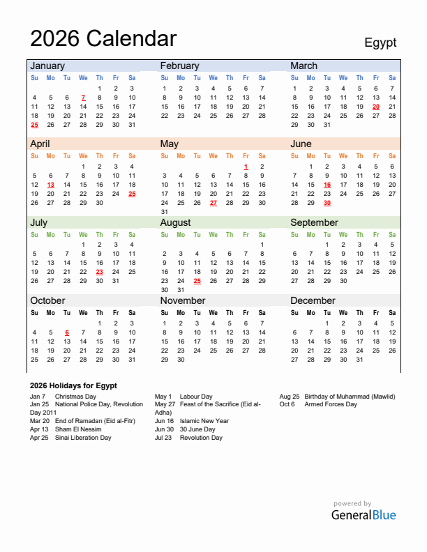Calendar 2026 with Egypt Holidays