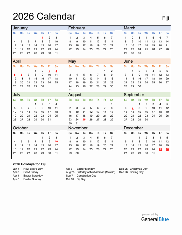 Calendar 2026 with Fiji Holidays
