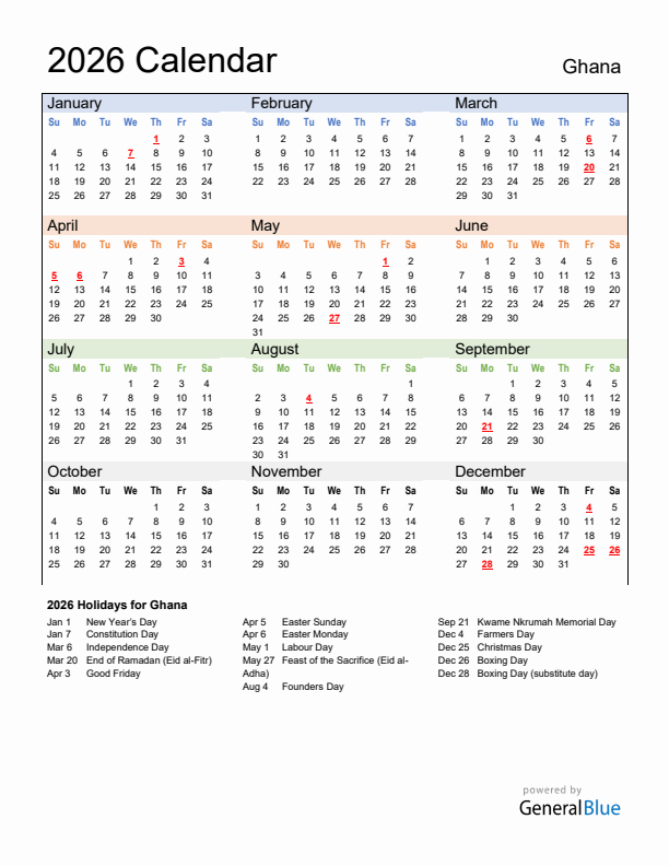 Calendar 2026 with Ghana Holidays