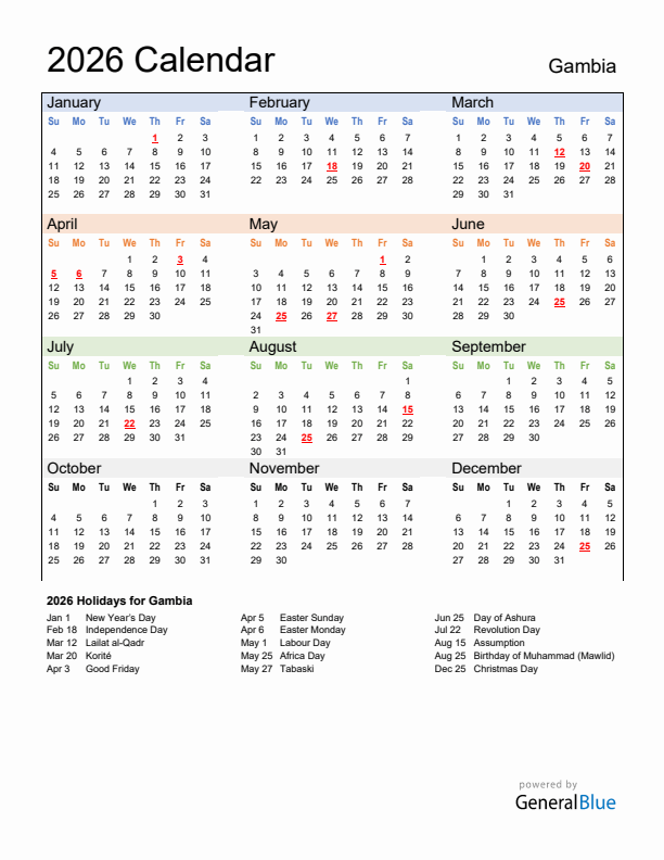 Calendar 2026 with Gambia Holidays