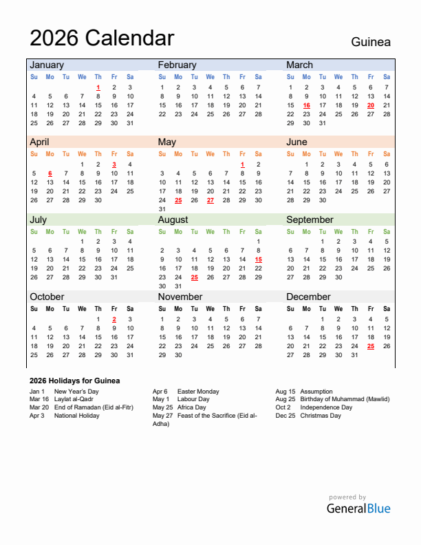 Calendar 2026 with Guinea Holidays