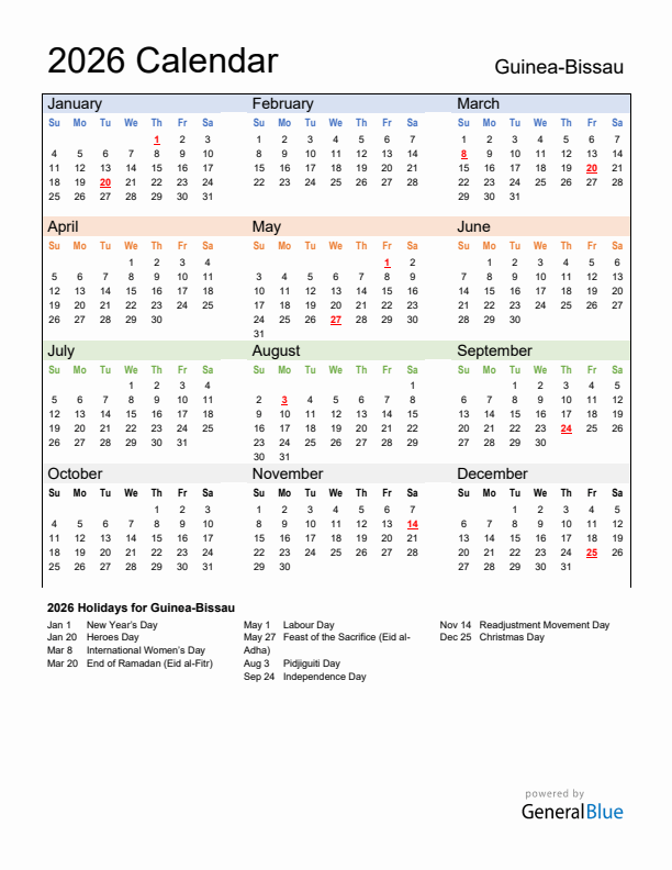 Calendar 2026 with Guinea-Bissau Holidays