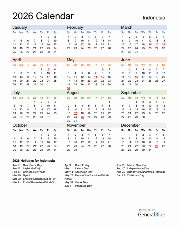 Calendar 2026 with Indonesia Holidays
