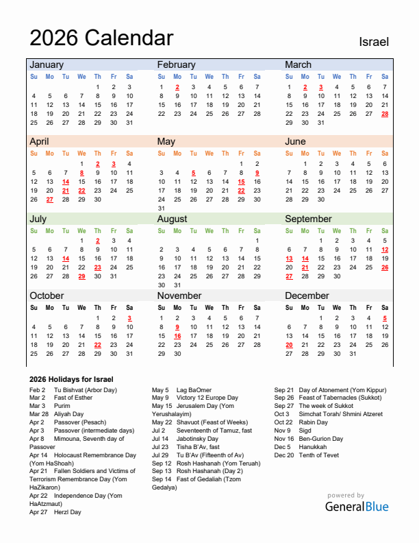 Calendar 2026 with Israel Holidays