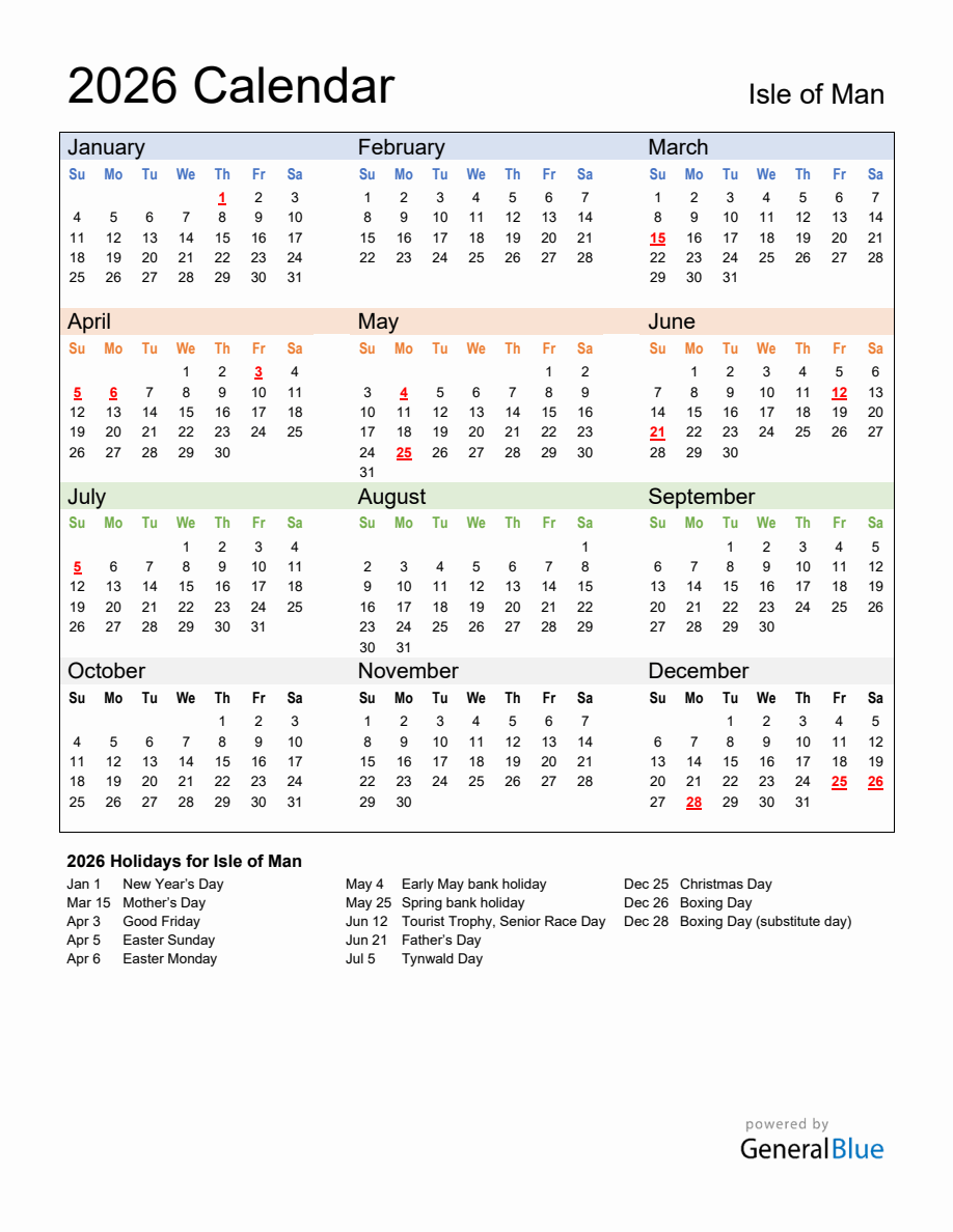 Annual Calendar 2026 with Isle of Man Holidays