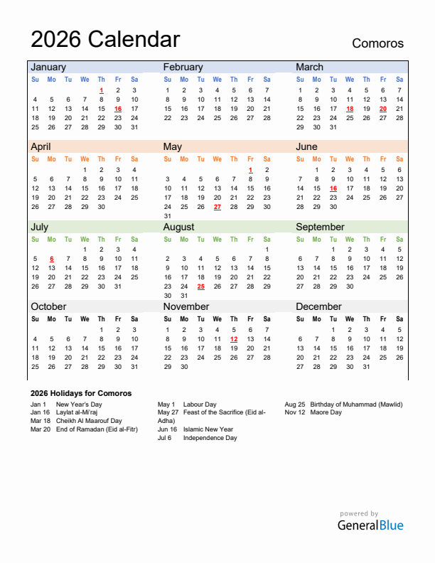 Calendar 2026 with Comoros Holidays