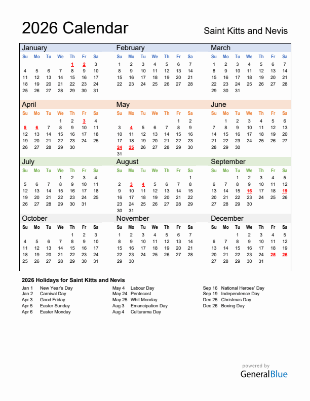 Calendar 2026 with Saint Kitts and Nevis Holidays