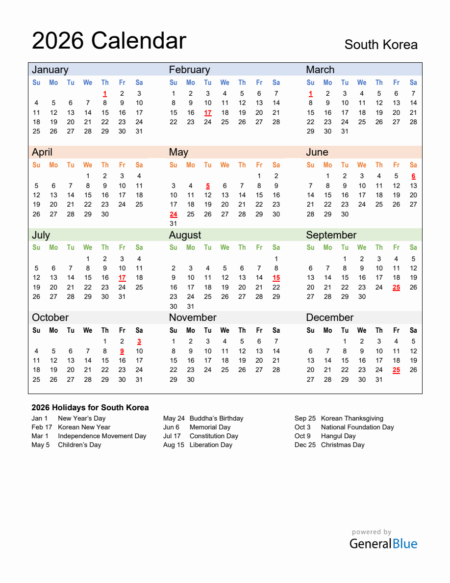 Annual Calendar 2026 with South Korea Holidays