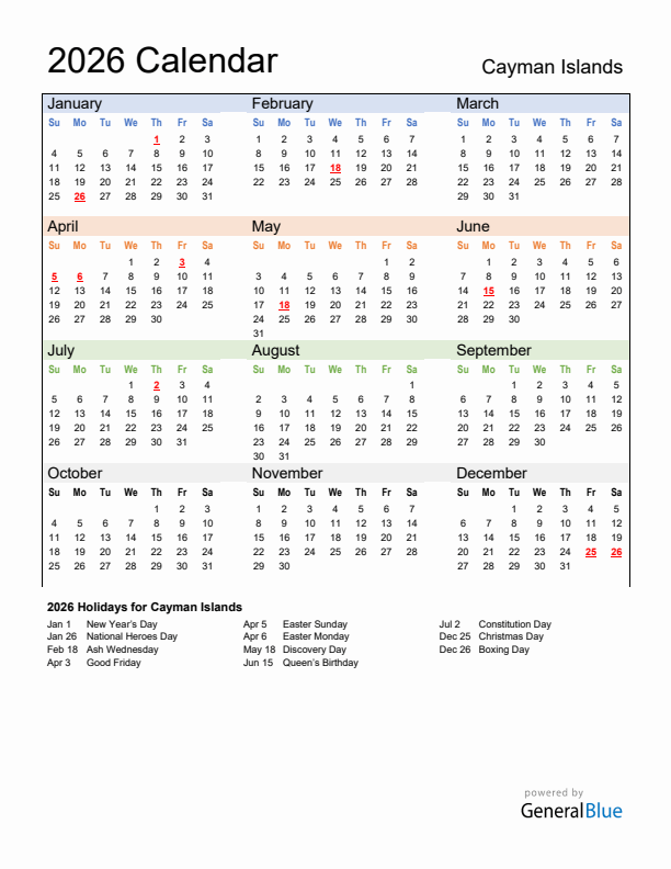 Calendar 2026 with Cayman Islands Holidays
