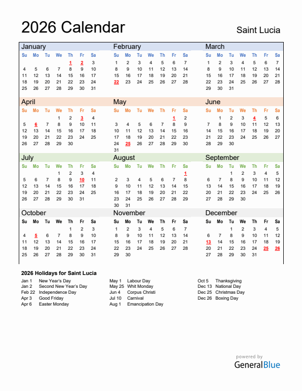 Calendar 2026 with Saint Lucia Holidays