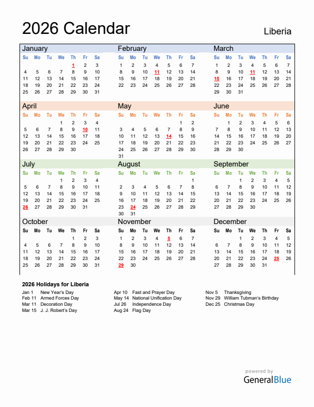 Calendar 2026 with Liberia Holidays