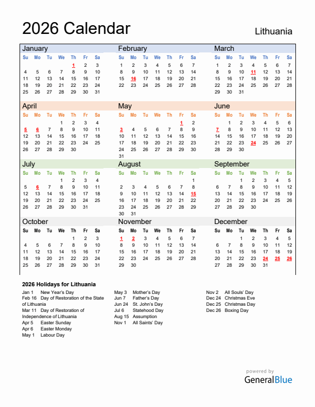 Calendar 2026 with Lithuania Holidays