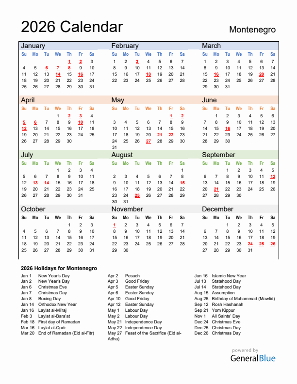 Calendar 2026 with Montenegro Holidays